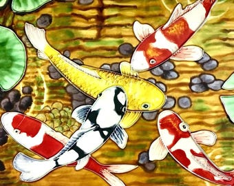 Harmonious Golden Fortune Koi Fish Vintage Handmade Glossy Ceramic Tile to Hang, Frame for Bathroom, Kitchen, Living Room Décor