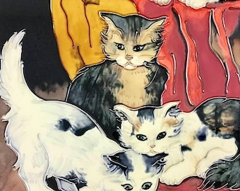 Kitten Family Enjoying Milk Together Vintage Handmade Glossy Ceramic Tile Hang/Frame Display Home Décor