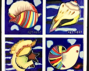 Valentines Blue Heart Seashells Keywest Florida 4 Piece Coasters Set Vintage Handmade Glossy Ceramic Tile Hang/Frame Display Home Décor