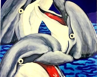 Bottlenose dolphins Hollow Laughter Vintage Handmade Glossy Ceramic Tile to Hang, Frame for Bathroom, Kitchen, Living Room Décor