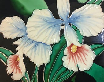 Orchid Flower Vintage Handmade Glossy Ceramic Tile–Versatile for Hanging, Framing, Installation in Bathroom, Kitchen, Living Room Décor