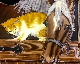 Barn Animal Horse Cat Cuddle Vintage Handmade Glossy Ceramic Tile to Hang, Frame, Installation in Bathroom, Kitchen, Living Room Décor