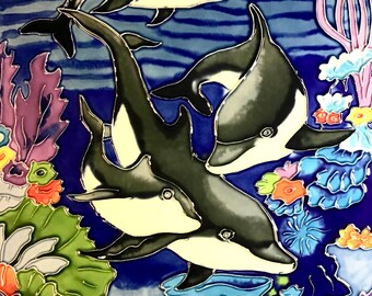 Family Chilean Black Dolphin Ocean Floor Vintage Handmade Glossy Ceramic Tile to Hang, Frame for Bathroom, Kitchen, Living Room Décor
