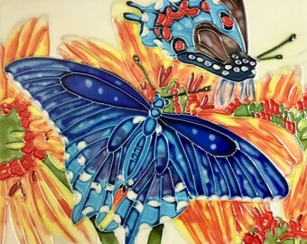 Blue Butterflies Ballet on Orange Daisy Fields Vintage Handmade Ceramic Tile Hang, Frame in Bathroom, Kitchen, Living Room, Home Décor