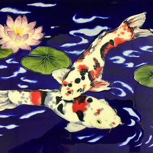 Cuddling Taisho Sanke Koi Fish Pair Vintage Handmade Glossy Ceramic Tile to Hang, Frame for Bathroom, Kitchen, Living Room Décor