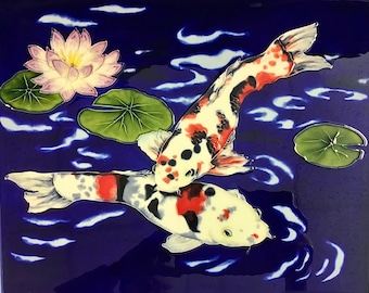 Cuddling Taisho Sanke Koi Fish Pair Vintage Handmade Glossy Ceramic Tile to Hang, Frame for Bathroom, Kitchen, Living Room Décor