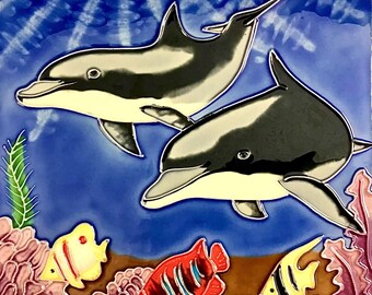 Peale's Dolphin's Coral Reef Adventure Vintage Handmade Glossy Ceramic Tile Hang/Frame Display Home Office Café Restaurant Décor