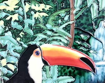 Tropical Toco Toucan Bird Vintage Handmade Glossy Ceramic Tile to Hang, Frame for Bathroom, Kitchen, Living Room Décor