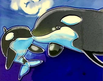 Mother's Love Momma Orca Kissing Baby Orca Vintage Handmade Glossy Ceramic Tile Hang/Frame Display Home Décor