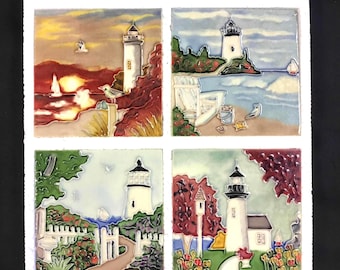 Four Seasons Seaside Lighthouse 4 Piece Coasters Set Vintage Handmade Glossy Ceramic Tile Hang/Frame,Bathroom/Kitchen/Living Room/Home Décor