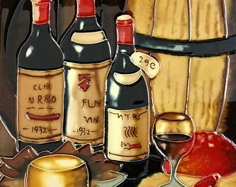 Wine and Cheese Barrels Vintage Handmade Glossy Ceramic Tile Hang/Frame, Bathroom/Kitchen/Livingroom/Home/Office/Restaurant Décor