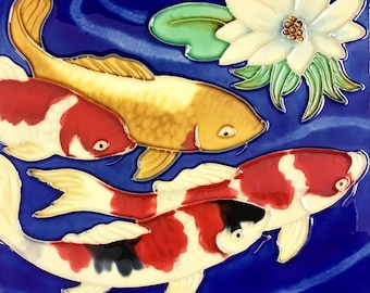 Vibrant Blue Koi Fish Pond With Lotus Flower Vintage Handmade Glossy Ceramic Tile to Hang, Frame for Bathroom, Kitchen, Living Room Décor