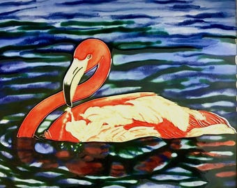 Soft Ripples Heavy Heart Flamingo Vintage Handmade Glossy Ceramic Tile to Hang, Frame for Bathroom, Kitchen, Living Room Décor