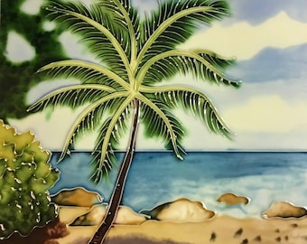 Palm Tree Beach Vintage Handmade Glossy Ceramic Tile–Versatile for Hanging, Framing, Installation in Bathroom, Kitchen, Living Room Décor