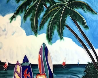 Seaside Palm Trees with Surfboards Vintage Handmade Glossy Ceramic Tile to Hang, Frame for Bathroom, Kitchen, Living Room Décor