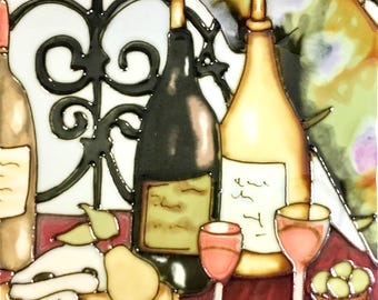 Fruits and Wine in the Afternoon Sun Vintage Handmade Ceramic Tile Hang, Frame in Bathroom, Kitchen, Living Room, Home Décor