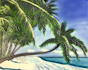 Palm Tree Shadows and Ocean Breezes Vintage Handmade Glossy Ceramic Tile to Hang, Frame for Bathroom, Kitchen, Living Room Décor