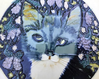 Cat With Flowers Vintage Handmade Glossy Ceramic Tile, Versatile for Hanging, Framing, Installation in Bathroom, Kitchen, Living Room Décor