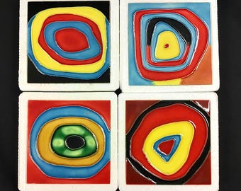 Vibrant Modern Geometric Abstract 4 Piece Coasters Set Vintage Handmade Glossy Ceramic Tile Hang/Frame Display Home Décor