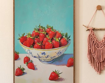 Lámina de fresas / Decoración de cocina bohemia / Arte de pared de fresas estilo cottagecore / Póster imprimible bohemio ecléctico