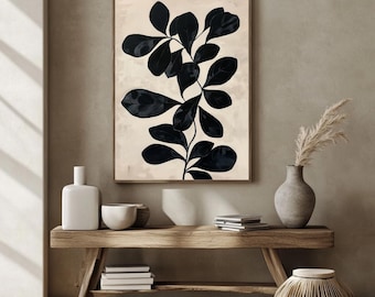 Impressão de parede com folha preta | Pôster botânico minimalista | Decoração bege neutra | Ilustração de planta moderna | Download digital