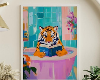 Tijgerkunstafdruk | Gedurfde tijger badkamer muurkunst | Maximalistische poster tijger lezen | Eigenzinnig dierendecor | Digitale tijger downloaden