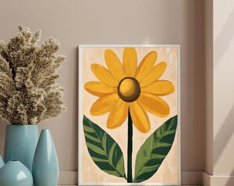 Impresión de arte de pared de girasol retro, decoración del hogar abstracta bohemia neutra, impresión de arte de galería botánica sin marco, decoración retro imprimible