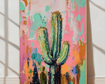 Arte mural abstracto de cactus / Impresión pastel maximalista / Decoración con dopamina audaz / Pintura de cactus bohemia colorida para sala de estar