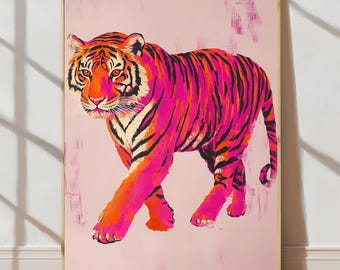 Pink Tiger Art Print | Vibrant Maximalist Jungle Wall Decor | Neon Tiger Illustration | Bold Animal Poster | Instant Digital Download