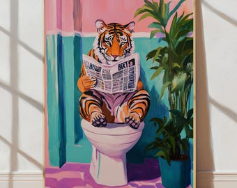 Tijgerposter | Maximalistische badkamermuurkunst | Trendy toiletdecor | Dopamineroze kitsch esthetiek | Preppy muurkunstafdruk