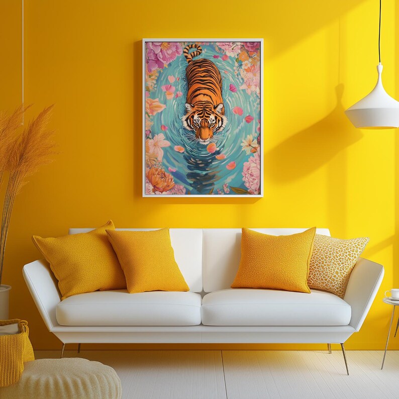 Pode incluir: Uma impress&atilde;o art&iacute;stica emoldurada com um tigre nadando na &aacute;gua cercado por flores. O tigre tem listras laranja e pretas. A &aacute;gua &eacute; azul clara com p&eacute;talas de flores rosa e laranja.