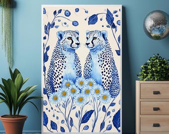 Impresión de arte de pared de guepardo azul, póster de animal azul, decoración de pared de safari, arte floral de la selva, pintura moderna de guepardo, impresión de naturaleza para el hogar