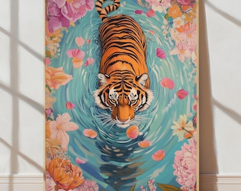 Muurkunst tijger | Maximalistische tijger in zwembad met bloemen | Digitale print oranje en roze | Vetgedrukte dierenmuurdecoratie downloaden
