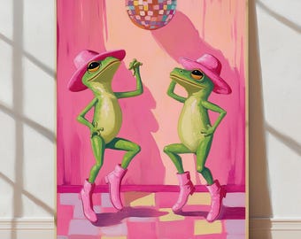 Dancing Frogs Art Print | Funny Disco Frog Poster | Maximalist Pink Wall Decor | Retro Amphibian Illustration | Instant Digital Download