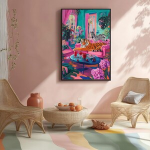 May include: A framed art print depicts a vibrant interior scene with a tiger and zebra lounging on a pink sofa. A round blue table holds drinks. Lush plants and pink curtains frame the scene, creating a colorful, whimsical aesthetic.