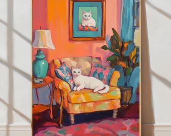 Colorful White Cat Wall Art – Maximalist Living Room Digital Print