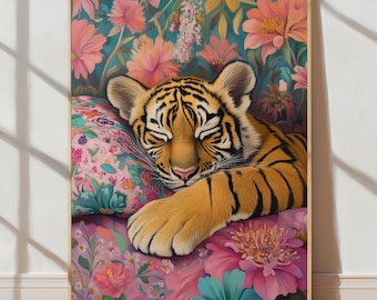 Sovande tiger Maximalistisk väggkonst | Djärv rosa tigeroljemålning | Kitschigt eklektiskt djurtryck | Vildblommig sovrumsinredning