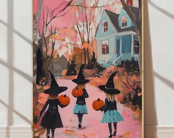 Arte de pared de Halloween / Impresión de calabaza bruja / Póster de truco o trato / Pintura otoñal espeluznante / Impresión de decoración del hogar de Halloween