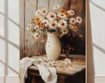 Vintage daisy bouquet oil painting in beige brown tones - Rustic floral wall art print with nostalgic vase and wooden table decor