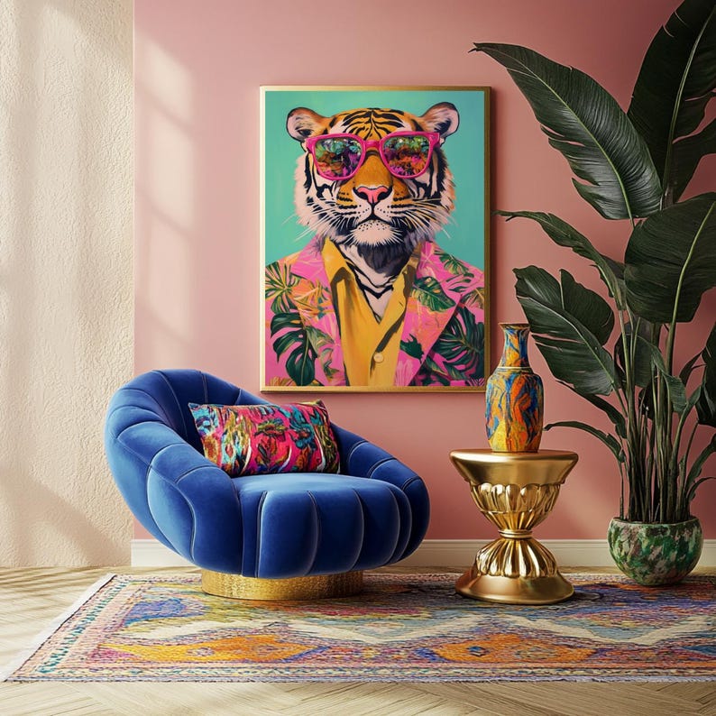 Op de afbeelding: Een ingelijste kunstprint van een tijger met een zonnebril en een kleurrijke jas hangt aan een roze muur. Een blauwe fluwelen stoel, een gouden bijzettafel en een patroonkleed maken de inrichting compleet. Een grote potplant voegt een vleugje natuur toe.