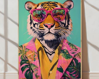 Tijger poster muurdecoratie | Kleurrijke maximalistische kunstafdruk | Eclectisch tijgerschilderij | Inrichting woonkamer en appartement