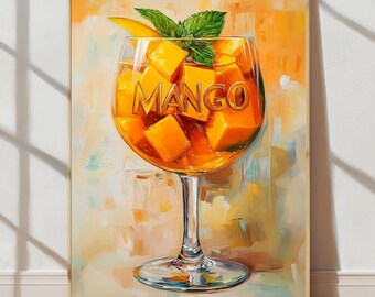 Mango Art Print, Fruit Kitchen Wall Art, Orange Mango Painting, Fresh Tropical Drink Poster, Modern Food Art