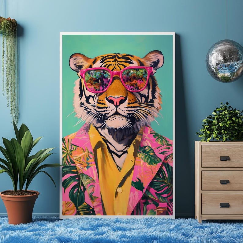 Op de afbeelding: Een ingelijste kunstdruk met een tijger met een roze zonnebril en een roze blazer met bloemenprint over een geel overhemd. De tijger heeft oranje en zwarte strepen. De achtergrond is lichtblauwgroen.