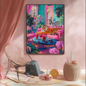 May include: A vibrant, framed artwork depicts a tiger and zebra lounging in a colorful room. The tiger rests on a pink sofa, while the zebra sits behind it. A round table holds drinks and fruit. The room features pink, teal, and green hues, with lush plants.