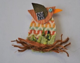 Ellie the Bird Brooch, Mother Bird on Nest, Easter Egg, Recycled Fabric, Mother's Day, Easter, Bird Pin, Springtime, Whimsical