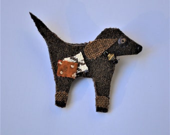 Bella the Brown Dog Pin, Recycled Fabric, Repurposed Textiles, Canine, Pet, Whimsical, Doggie, Fun Brooch