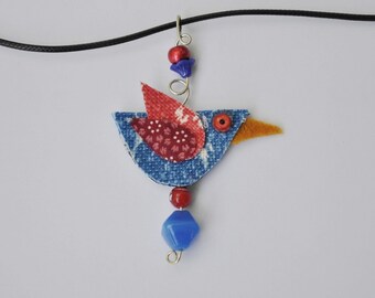 Little Blue Bird with Red Wing, Necklace, Recycled Fabric, Independence Day, 4th of July, Summer, Whimsical