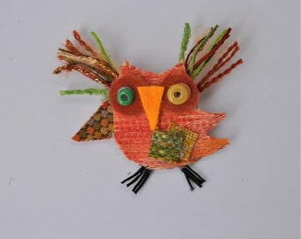 Prudence the Peach Colored Owl Pin, Bird, Springtime, Woodland, Green, Recycled Fabric, Repurposed Textiles, Whimsical