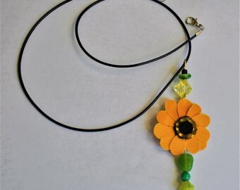 Sunflower Necklace, Recycled Fabric, Flower, Pendant, Green Beads, Garden, Summer, Plant