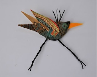 Jeanie the Bird Brooch, recycled fabric, repurposed, whimsical, brown, teal, terracotta, pin, woodland